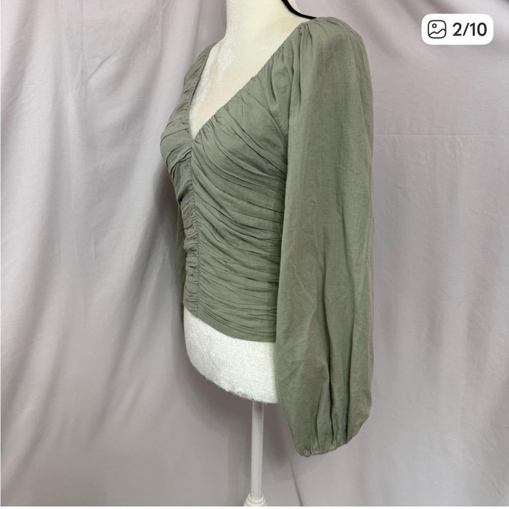 Olive Ruched V-Neck Long Sleeve Top